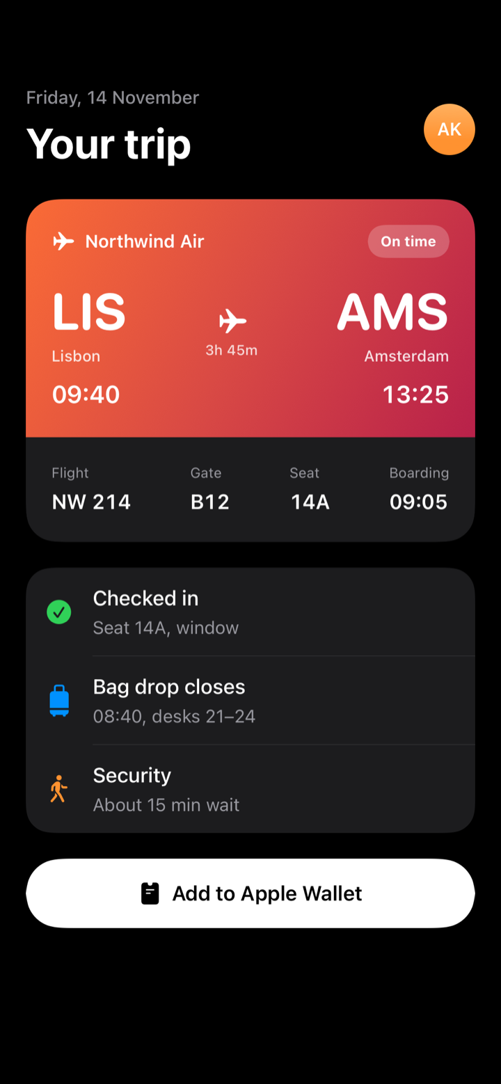 Trip screen, dark mode, rendered by Prefire