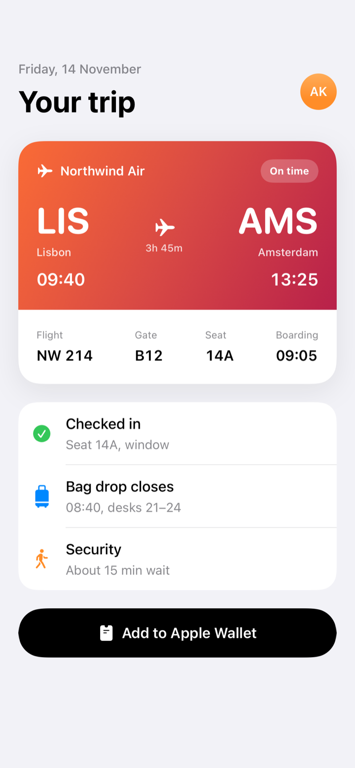 Trip screen, light mode, rendered by Prefire